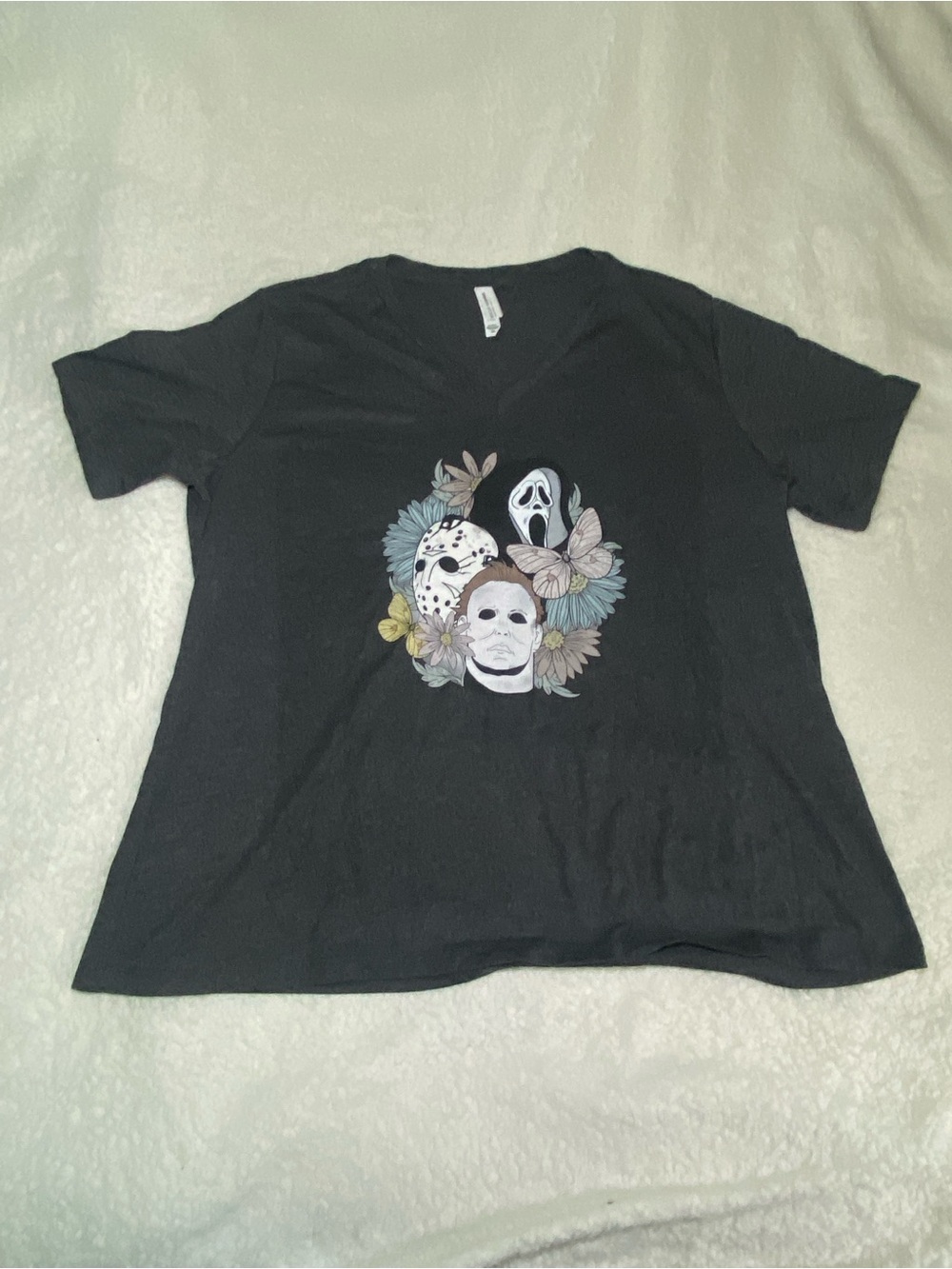 Black Short-Sleeve V-Neck Graphic Tee with Floral Horror friends